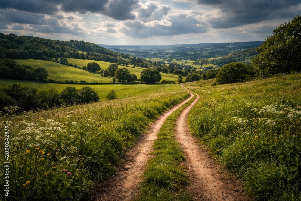 Fototapeta premium Distant overview of a picturesque trail on green rural landscape beneath a cloudy sky