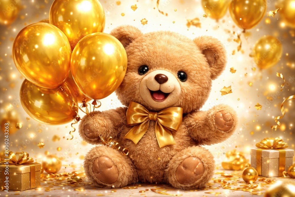 Fototapeta premium Cheerful teddy bear illustration featuring bright golden balloons