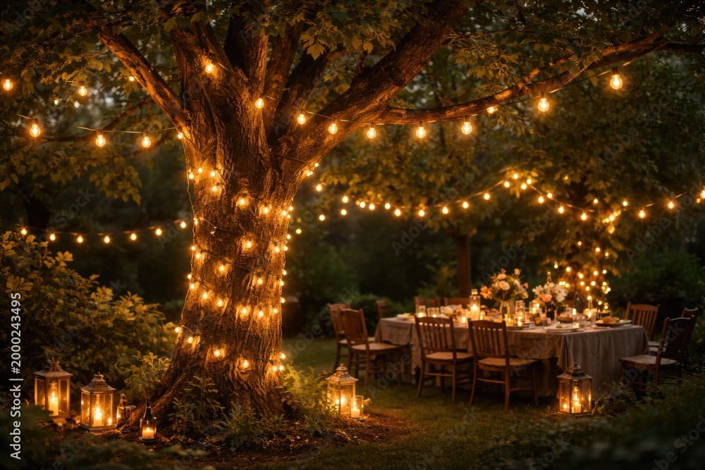Fototapeta premium Electric string lights wrapped on garden tree creating a cozy outdoor party atmosphere