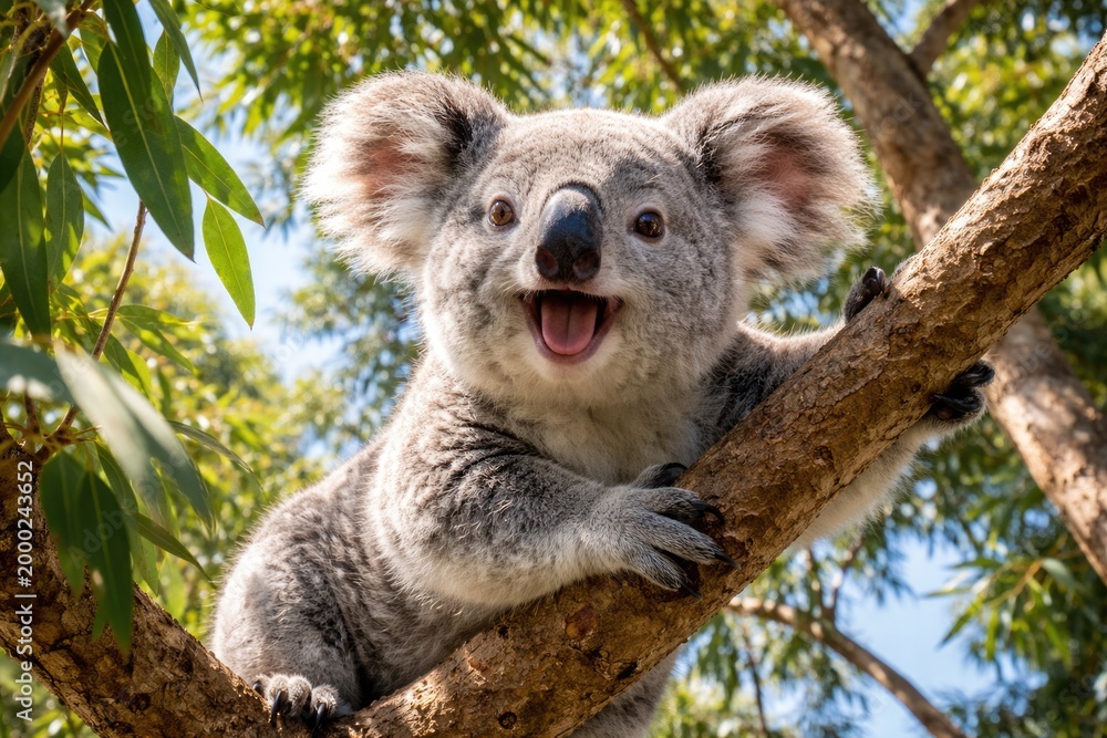 Fototapeta premium Joyful koala exploring tree canopy during clear weather