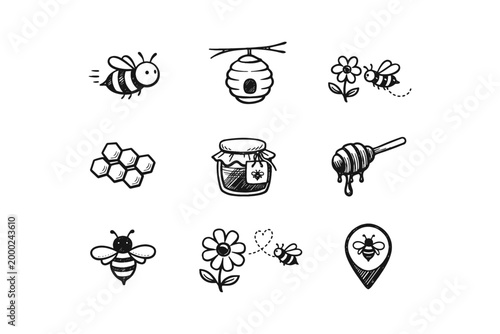Cute hand-drawn bee and honey icons collection for design