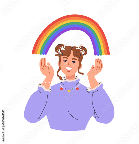 Happy girl with rainbow, LGBT and homosexual love symbol. Smiling lesbian wom...