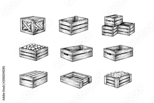 Collection of various wooden crates and boxes in a vintage illustration style