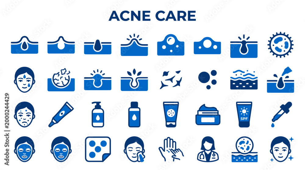 Fototapeta premium Acne care icons showing skin problems like pimples and blackheads with treatment solutions and healthy skin concepts for dermatology and beauty industry