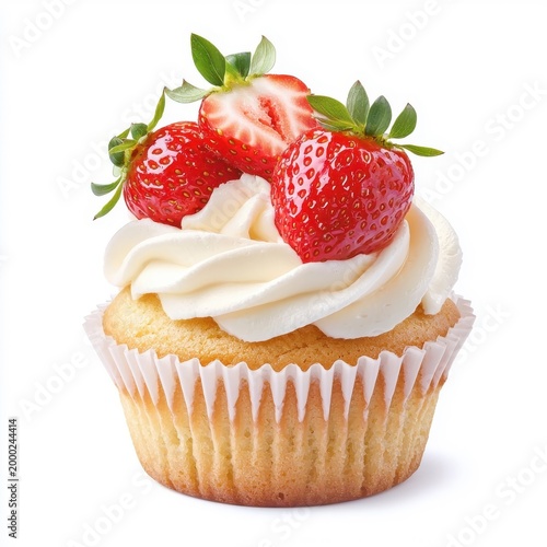 Strawberry muffin cake isolated on a white background, showcasing its vibrant color and fresh fruit topping.