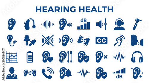 Hearing health awareness icons and symbols representing audiology ear care and sound technology for medical and wellness concepts