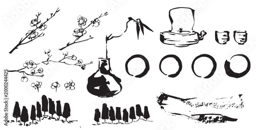 vector of enso circle, cherry blossom flower branch , Bamboo leaves branch, green tea ceremony set and abstract brush with Chinese ink wash painting in traditional style.