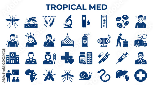 Tropical disease prevention and treatment icons including mosquitos, medical supplies, and healthcare professionals