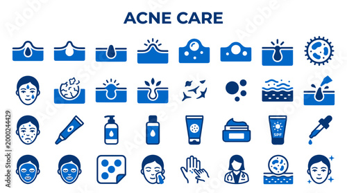 Acne care icons showing skin problems like pimples and blackheads with treatment solutions and healthy skin concepts for dermatology and beauty industry