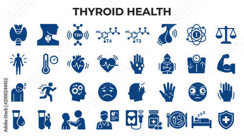 Thyroid health icons and symbols representing medical conditions and treatments for endocrine system wellness and body function
