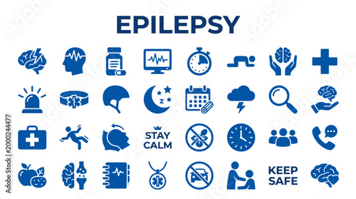 Epilepsy awareness icons and symbols representing seizure management medical care and safety precautions for brain health and neurological disorder support