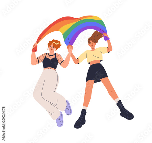 Happy lesbian women, love couple during Pride Month celebration, holding LGBT...