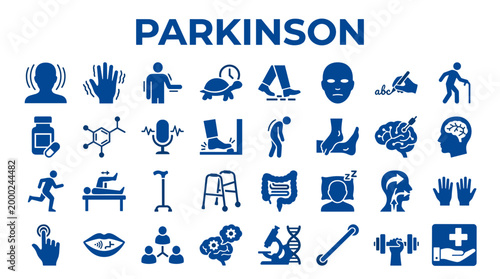 Parkinson's disease symptoms and medical icons illustrating neurological disorder effects on movement and body functions
