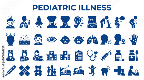 Pediatric Illness Icons Collection Representing Childhood Sickness Symptoms Medical Care and Healthcare Services