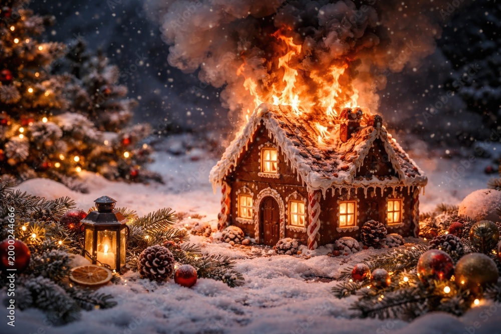 Fototapeta premium Burning gingerbread house amidst snow and Christmas decorations with smoke during festive season copy space