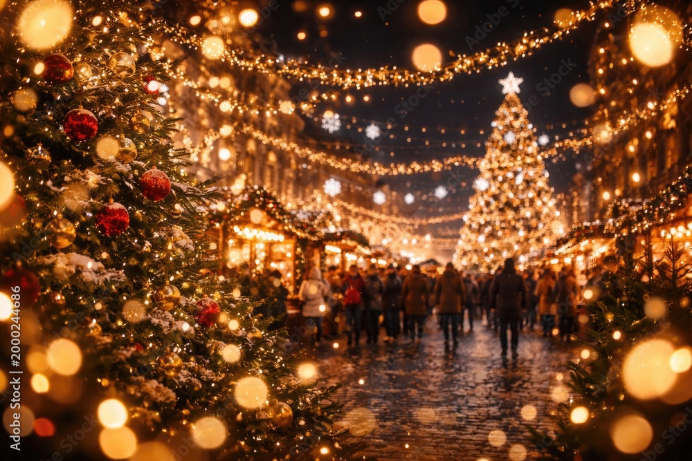 Fototapeta premium Joyful holiday atmosphere with bright Christmas lights creating a sparkling bokeh