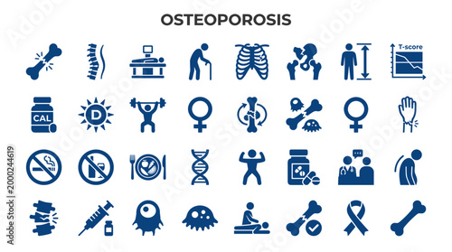 Osteoporosis medical icons set healthy lifestyle bone health and disease prevention concept