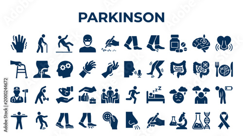 Parkinson Disease Symptoms and Medical Icons Set Illustrating Neurological Disorder and Healthcare Concepts