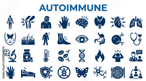 Autoimmune disease concept with medical icons representing body systems organs and symptoms of immune system disorders and health conditions