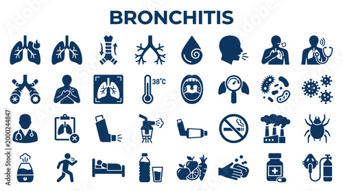 Bronchitis symptoms causes treatment icons set lungs infection respiratory illness medical condition diagnosis and prevention symbols