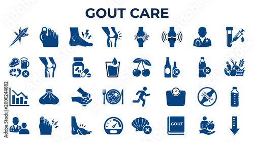 Gout Care Icons Illustrating Symptoms Treatment Diet and Lifestyle Management for Joint Pain Relief and Health