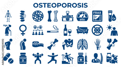 Osteoporosis awareness infographic with icons showing causes risk factors diagnosis and treatment for bone health and aging population health concerns