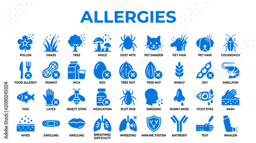 Allergies and Symptoms Icons Set Blue Medical Health Care Symbols Collection