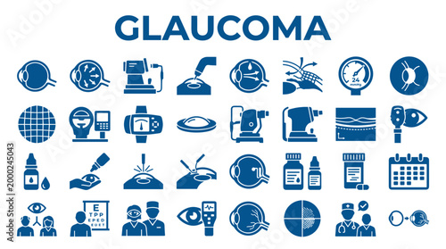 Glaucoma medical icons and symbols representing eye care diagnosis and treatment in ophthalmology