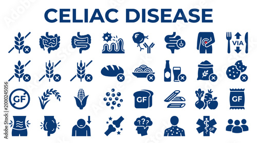 Celiac Disease Symptoms Causes and Gluten Free Diet Icons Set Illustration