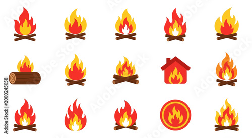 Collection of Fire Icons: Campfire, Bonfire, Hearth, House Flame, Log Fire