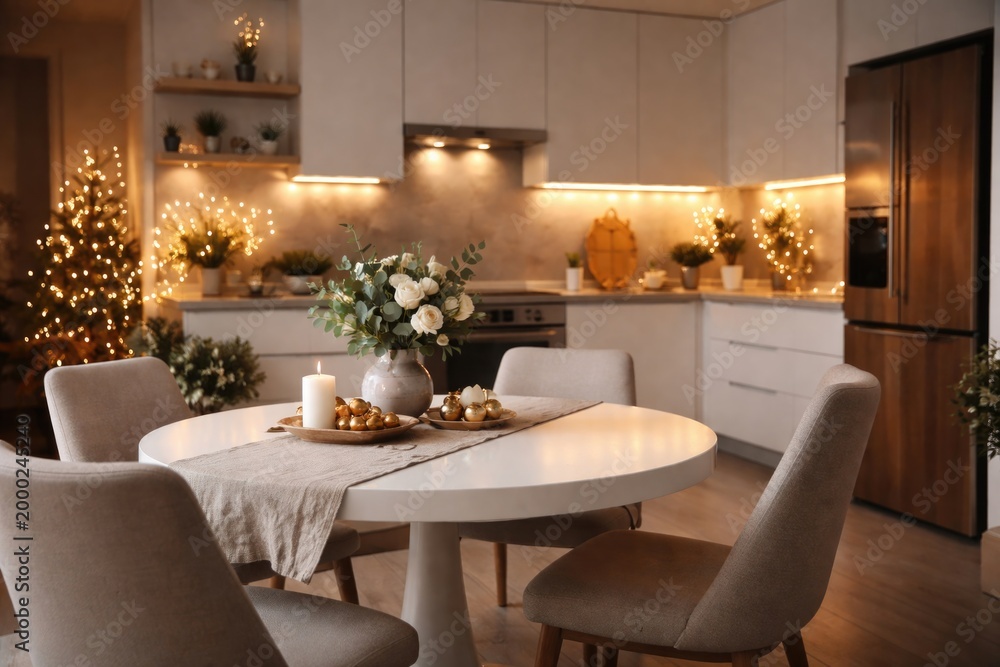 Obraz premium Contemporary kitchen scene with white round table and holiday lights with copy space