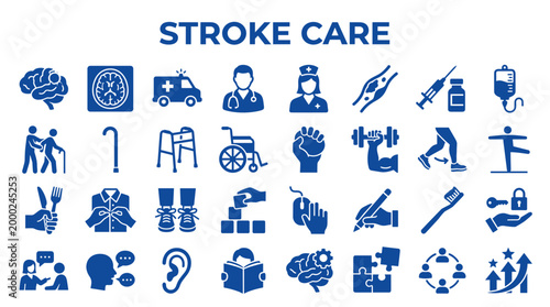 Stroke care concept with medical icons and symbols representing rehabilitation, recovery, and healthcare services for patients with neurological conditions