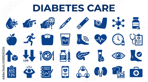 Diabetes Care Icons and Symbols Representing Health Monitoring and Management Concepts