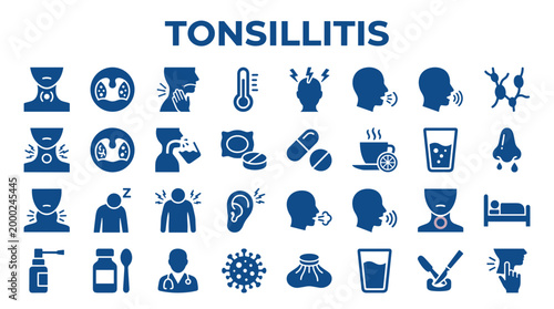 Tonsillitis symptoms and treatment icons infographic medical illustration showing sore throat fever headache and remedies like medicine and hot drinks