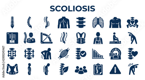 Scoliosis medical infographic icons showing spine curvature, treatment options, diagnosis, and patient care concepts