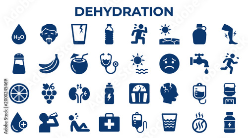 Dehydration concept icons showing symptoms causes and remedies for fluid loss and heat exhaustion with medical symbols and body icons