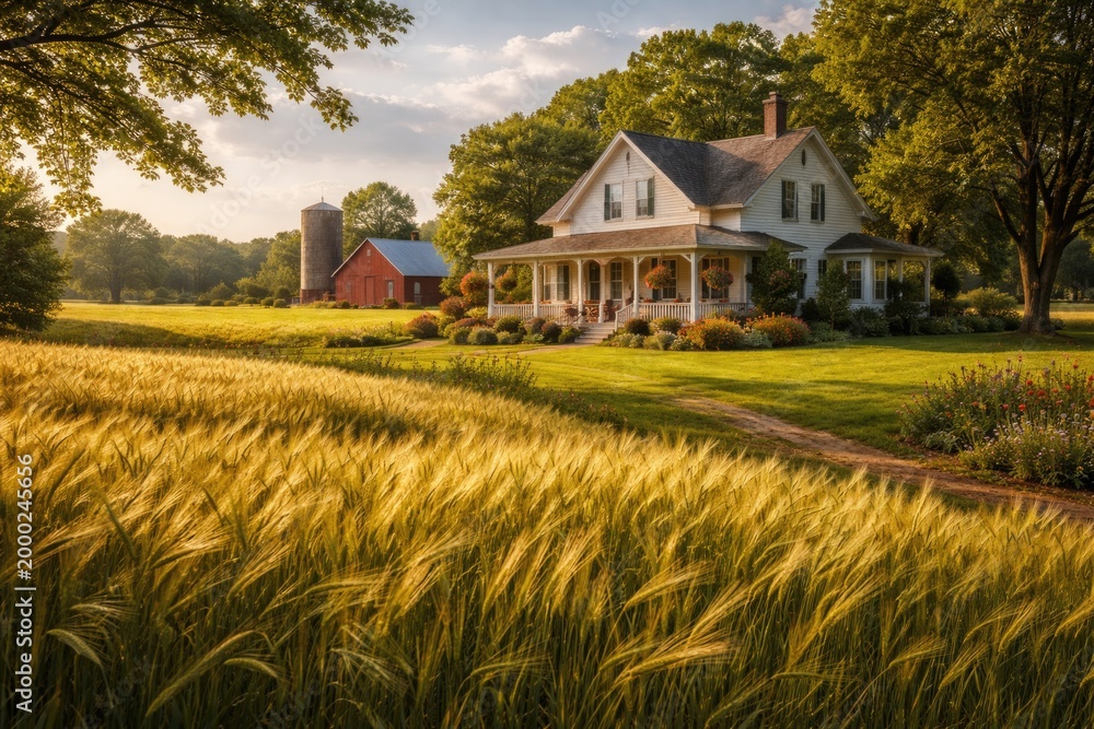 Obraz premium Charming farmhouse set against a backdrop of lively green lawn and rippling wheat textures during summer