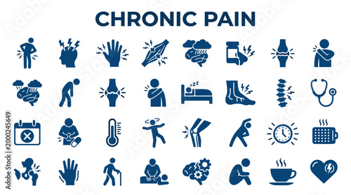Collection of icons representing chronic pain symptoms and related health issues with medical and lifestyle concepts