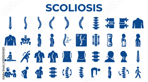 Scoliosis spine curvature medical icons and illustrations showing spinal health conditions and treatments for back pain and posture correction