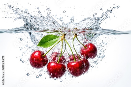 Cherries plunging into water producing splash effects over a pure white base