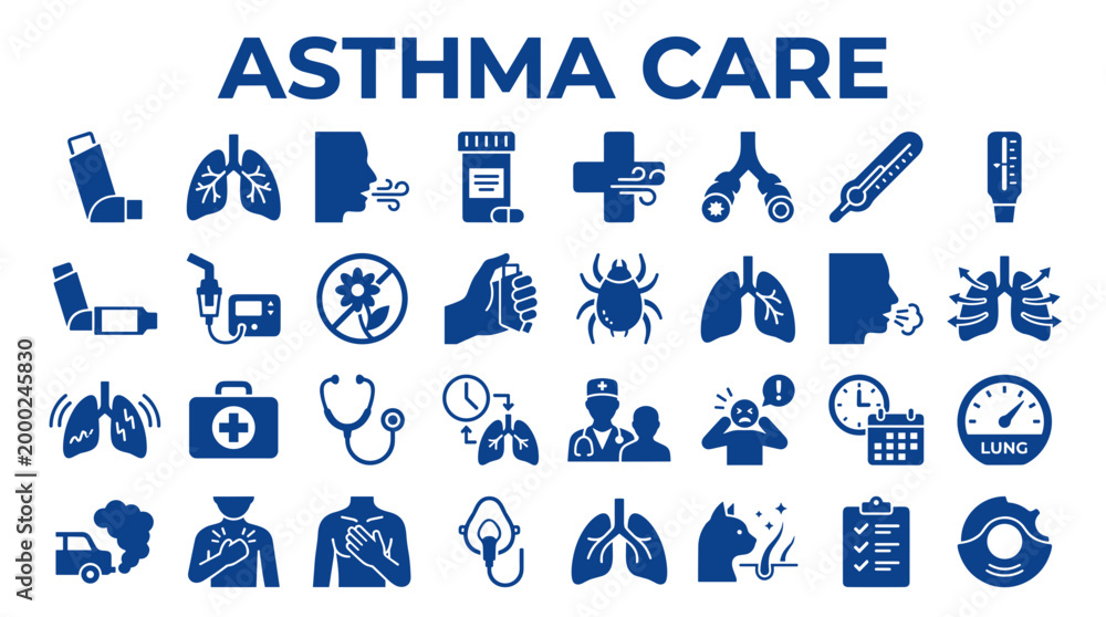 Fototapeta premium Asthma care and respiratory health concept with medical icons and symbols representing treatment and breathing difficulties