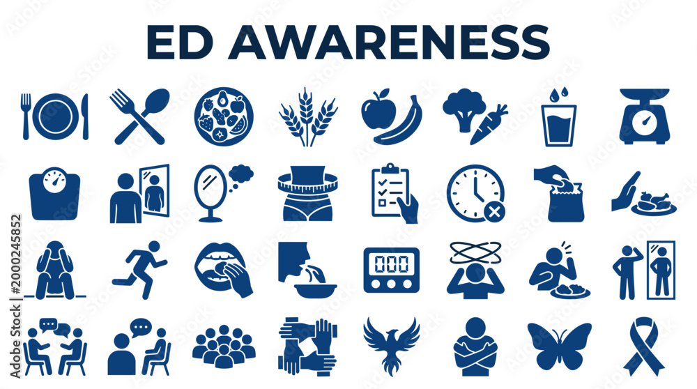 Fototapeta premium Ed Awareness Icons Representing Eating Disorders Mental Health Support and Healthy Lifestyle Choices