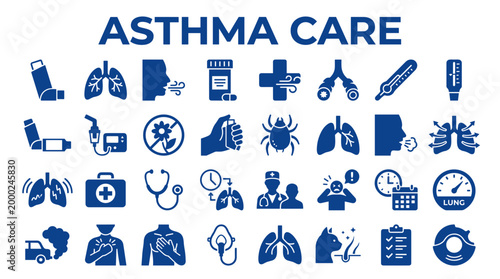 Asthma care and respiratory health concept with medical icons and symbols representing treatment and breathing difficulties