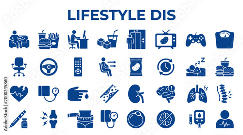 Unhealthy lifestyle icons showing sedentary habits poor diet and health issues like diabetes heart disease and obesity