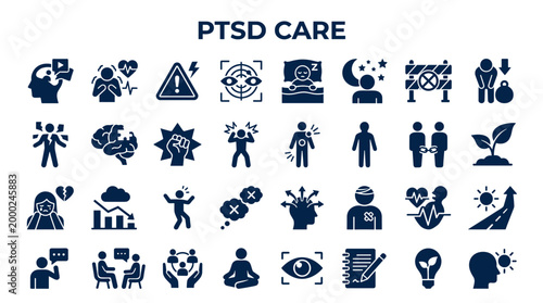 PTSD Care icons representing mental health support, trauma recovery, and emotional well-being with symbols of therapy, stress, and healing