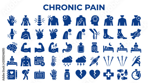Collection of blue icons representing chronic pain and health conditions, illustrating physical discomfort and medical treatment options for body aches and suffering.