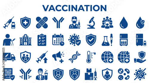 Collection of vaccination and healthcare icons representing medical research, disease prevention, and public health initiatives with a blue and white color scheme