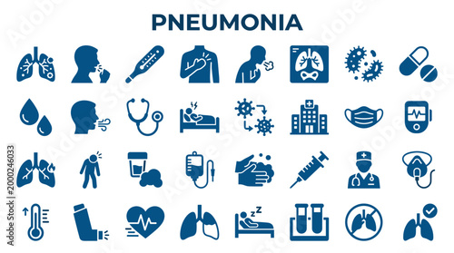Pneumonia symptoms and treatment icons illustrating respiratory illness, fever, medical care, and recovery with hospital and doctor symbols
