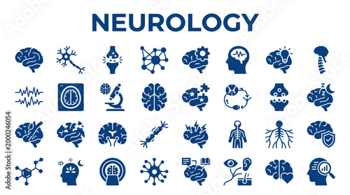 Neurology concept icons brain research medical science symbols and human anatomy illustrations for healthcare and neuroscience education