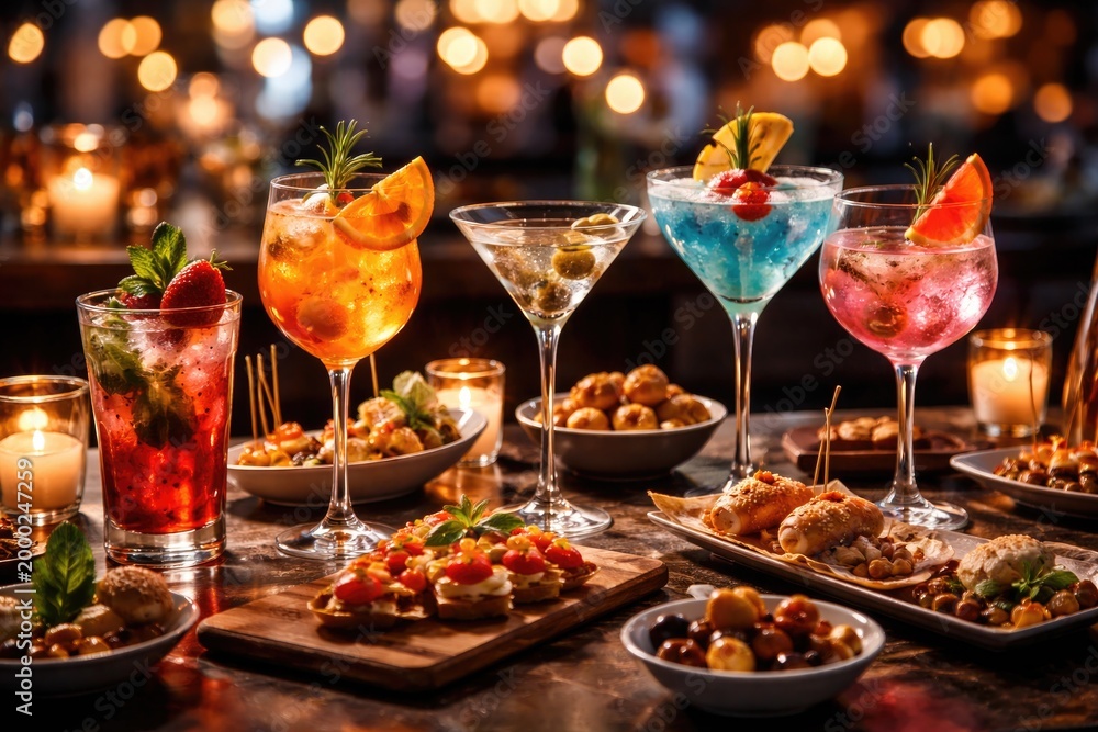 Obraz premium Happy hour party setup showcasing colorful cocktails and fine appetizers on a sleek bar table with a soft glowing bokeh atmosphere